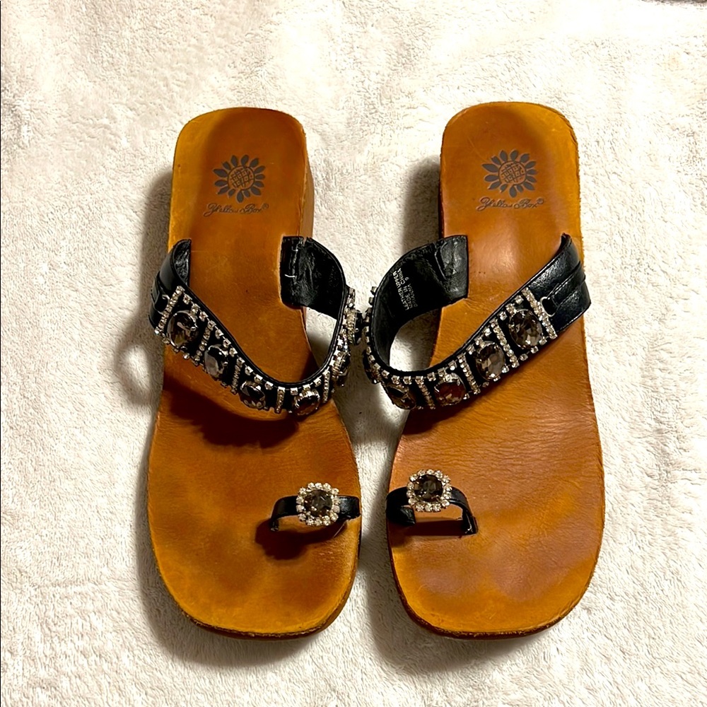 Yellow Box Black and Brown Sandals with Rhinestones Decorative Straps. Size 8